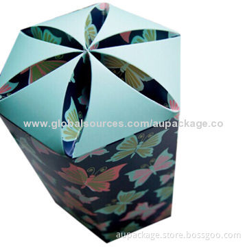 Cardboard box with flower lock on top, flat foldable box
